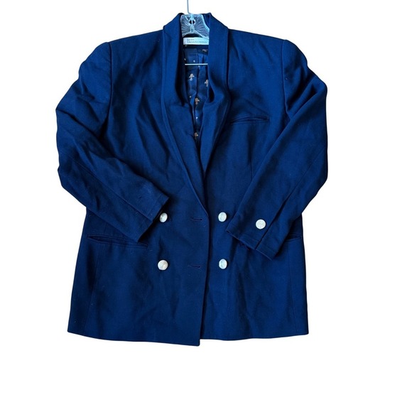 DANA BUCHMAN Navy Wool Double Breasted Blazer Shawl Collar Elegant Women's 14 - Picture 2 of 8